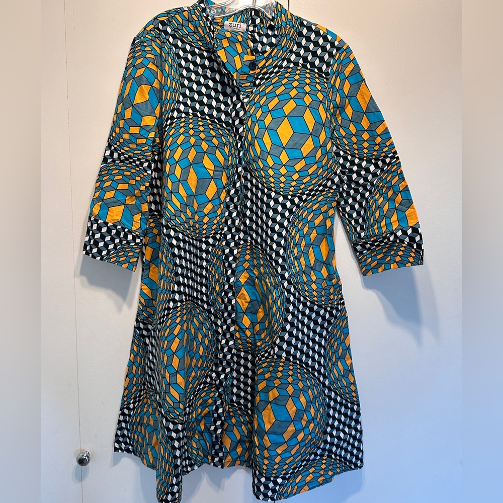 ZURI Dress, Geometric Shirt Dress in Black, Blue, and Orange. Ethical Fashion
